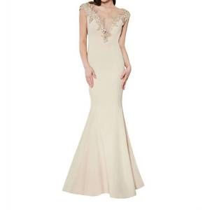 NEW SABOROMA floral applique illusion plunging mermaid gown in beige